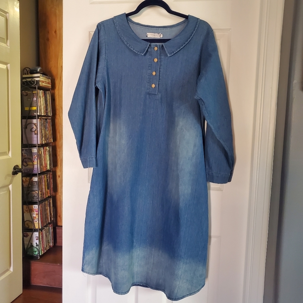 Cottagecore Denim Blue Dress Minimalist Retro Sheath With Pockets 2XL Wang Yi Ge